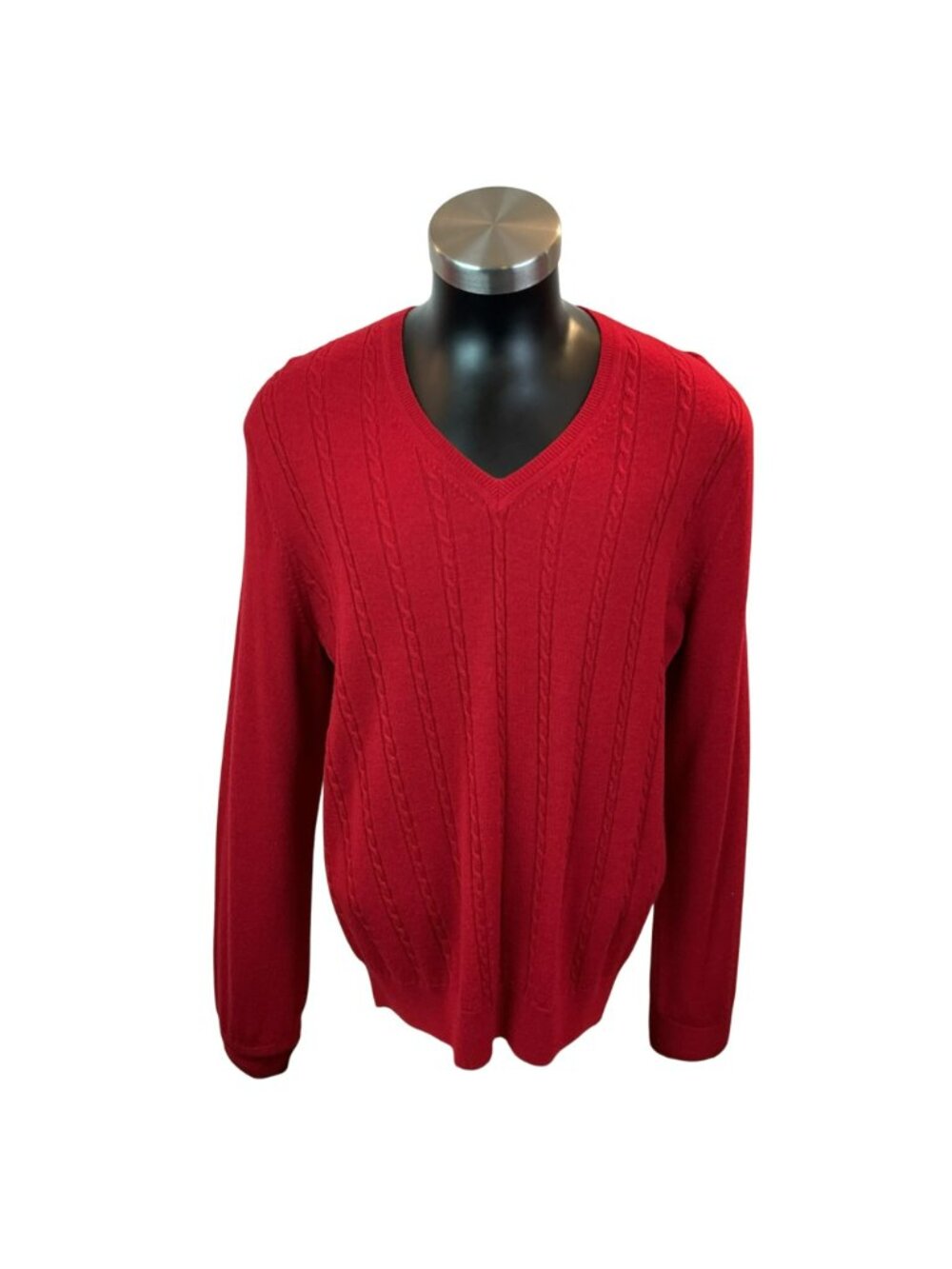 Banana Republic Red V-Neck Sweater Extra Fine Merino Wool Cable Knit Large - Picture 2 of 10